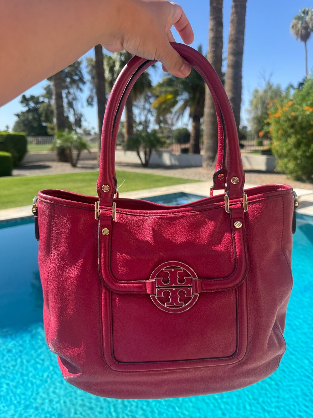 Tory Burch Amanda Red Leather Shoulder Tote with Logo